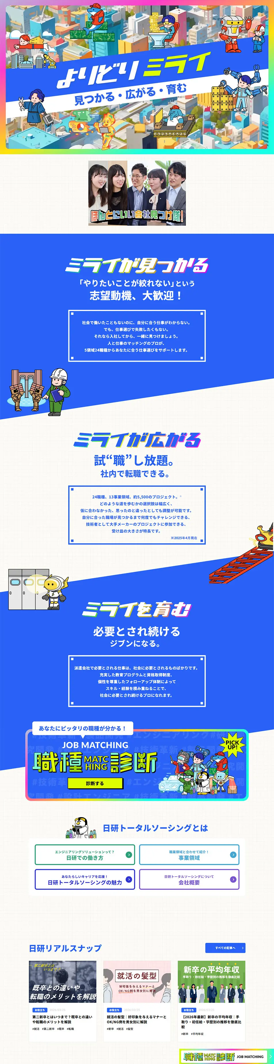【公式】日研トータルソーシング 新卒採用2027-2028のLPデザイン（新卒採用／ブルー系／にぎやか系）PC版