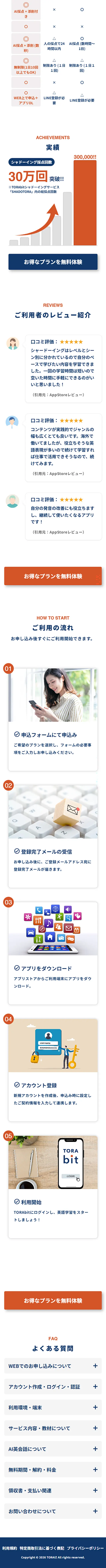 TORAbitのLPデザイン（学習教材／ブルー系／シンプル系）スマホ版