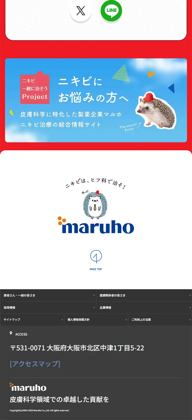 保険適用のニキビ治療のLPデザイン（病院・整体・マッサージ／レッド系／マンガ・イラスト系）スマホ版
