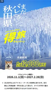 まだバレてない秋田県。得旅キャンペーン冬のLPデザイン（国内旅行・海外旅行／レッド系／かっこいい系）スマホ版