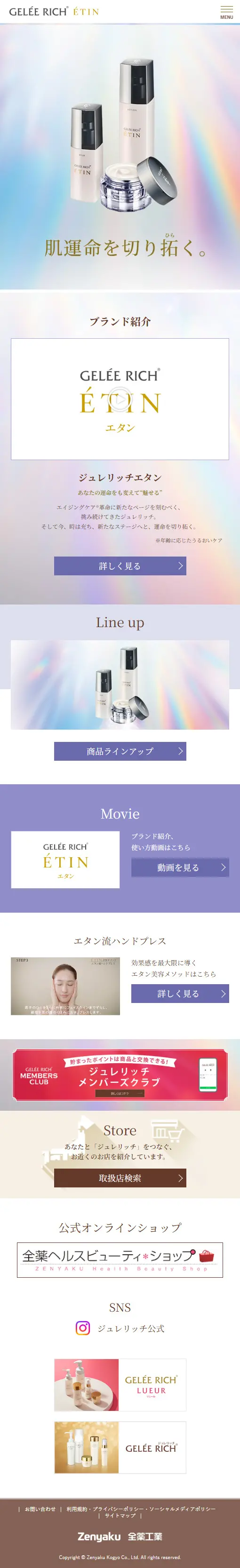 肌運命を切り拓く エイジングケアシリーズ「ETIN（エタン）」のLPデザイン（スキンケア・ボディケア・ヘアケア／グレー系／キレイ系）スマホ版