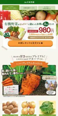 有機野菜がぎゅぎゅっと詰まったお得な8点セットのLPデザイン（食品／ベージュ系／にぎやか系）PC版