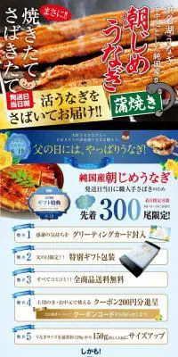 朝じめ浜名湖産うなぎ蒲焼きのLPデザイン（食品／ブラウン系／力強い系）PC版