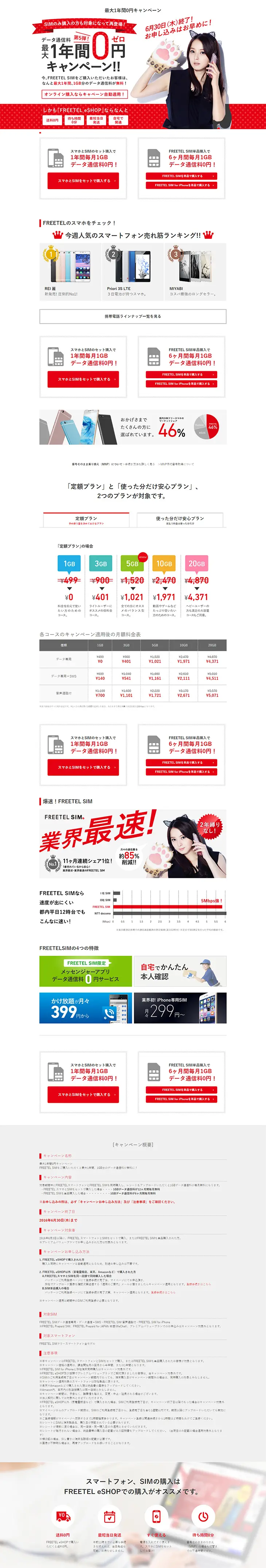 Up to 1 Year Free Campaign | FREETEL's Low-Cost SIM LP design (Services, Insurance, and Finance / White-based / Simple) PC version