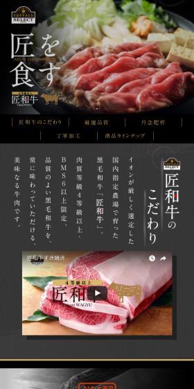 肉質等級4等級以上、BMS6以上の厳選した黒毛和牛。トップバリュセレクト匠和牛。のLPデザイン（食品／ブラック系）スマホ版