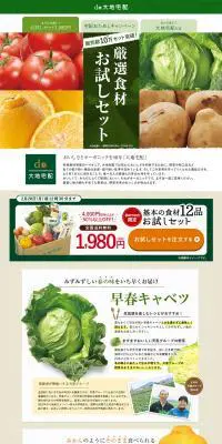大地宅配のお試しセットのLPデザイン（食品／カラフル系／信頼・安心系）PC版