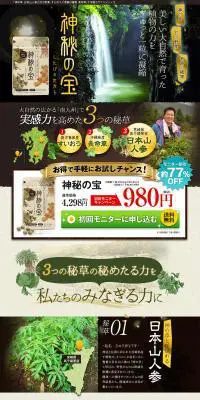 神秘の宝のLPデザイン（健康・美容食品・サプリ／ブラック系／力強い系）PC版