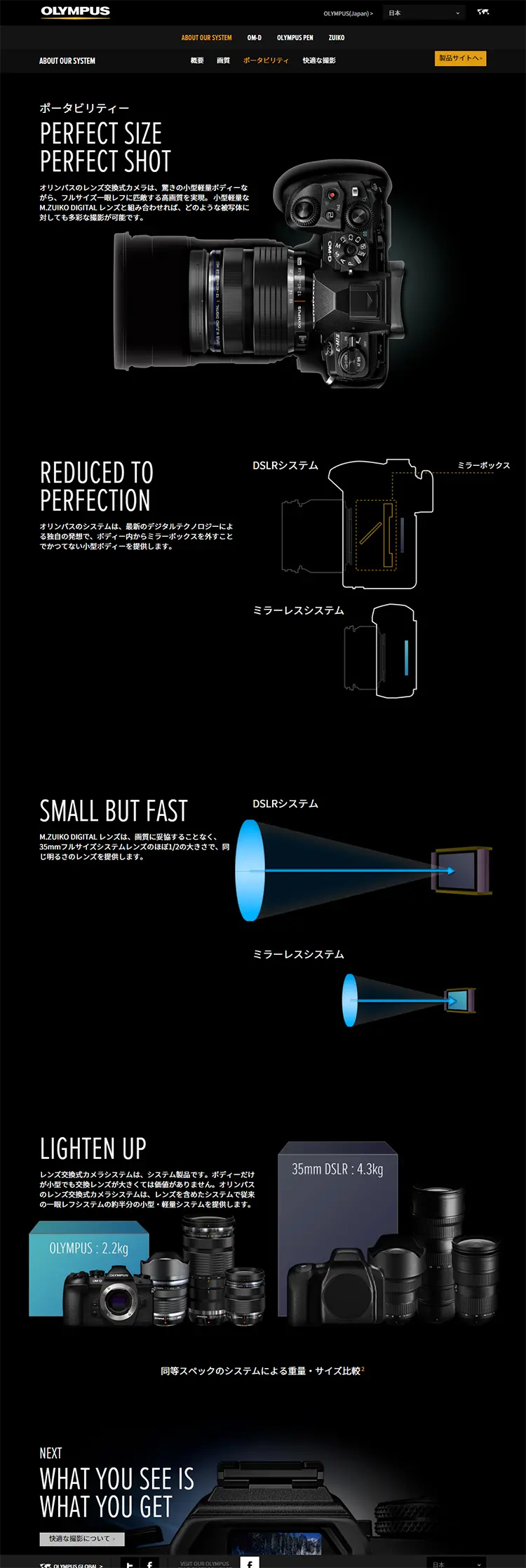ABOUT OUR SYSTEM　ポータビリティのLPデザイン（家電・パソコン・通信機器／ブラック系／かっこいい系）PC版