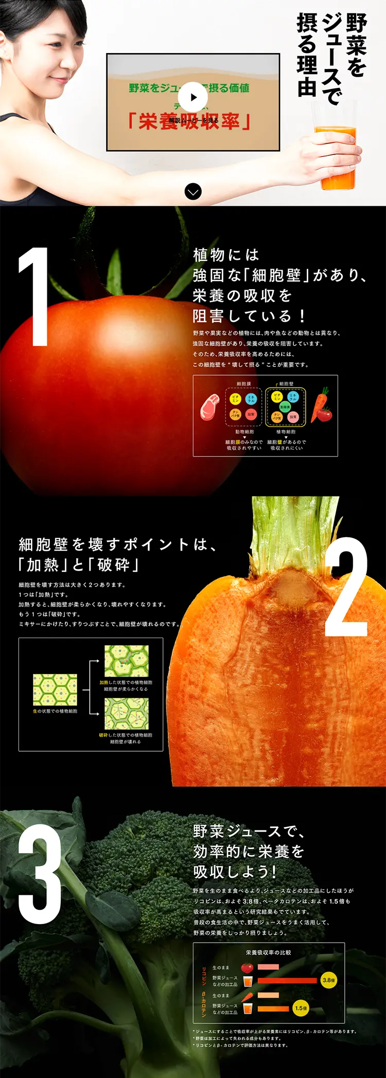 野菜をジュースで摂る理由のLPデザイン（飲料・お酒／ブラック系／かっこいい系）PC版