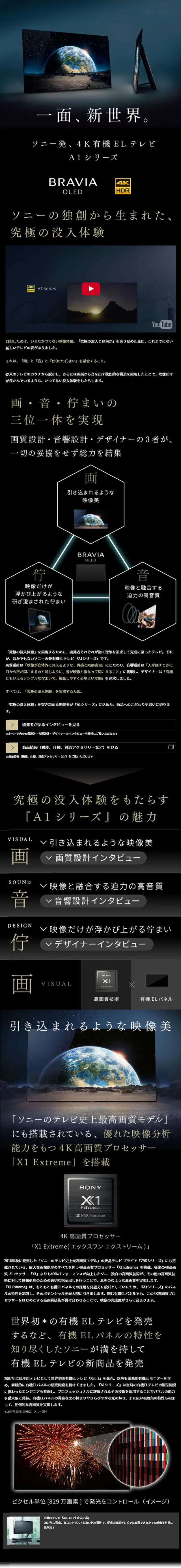 4K有機ELテレビ『A1シリーズ』スペシャルコンテンツのLPデザイン（家電・パソコン・通信機器／ブラック系／キレイ系）スマホ版