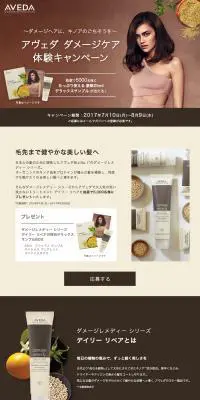 アヴェダ ダメージケア 体験キャンペーンのLPデザイン（美容・スキンケア・香水／ブラウン系／シンプル系）PC版
