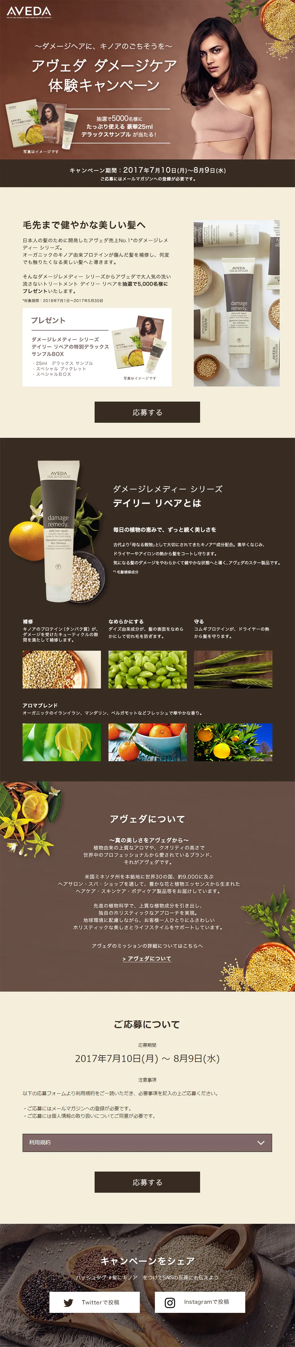Aveda Damage Care Trial Campaign LP design (Beauty, Skincare, Fragrance / Brown tones / Simple) PC version