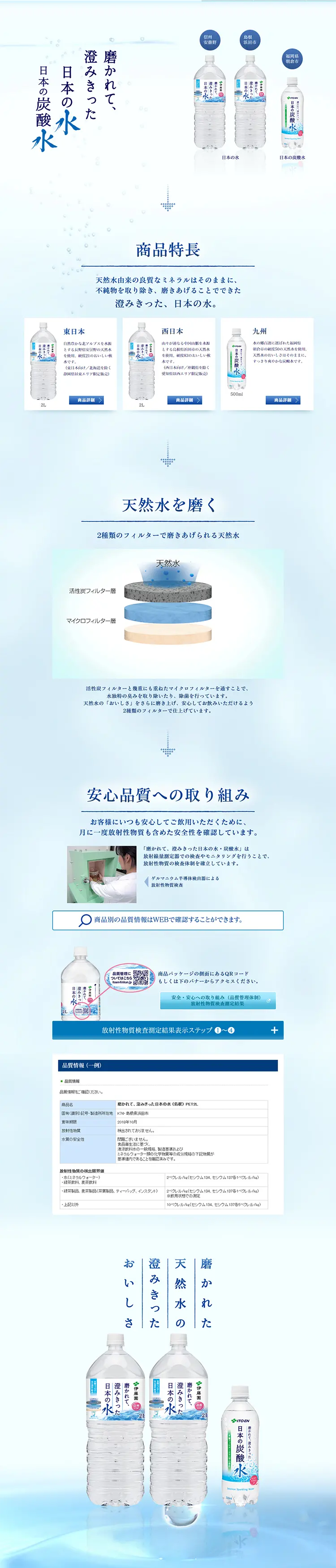 磨かれて、澄みきった　日本の水　日本の炭酸水のLPデザイン（飲料・お酒／ブルー系／シンプル系）PC版