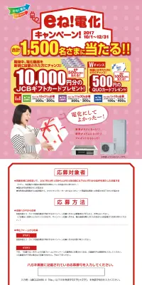 eね！電化キャンペーンのLPデザイン（サービス・保険・金融／イエロー系／にぎやか系）PC版