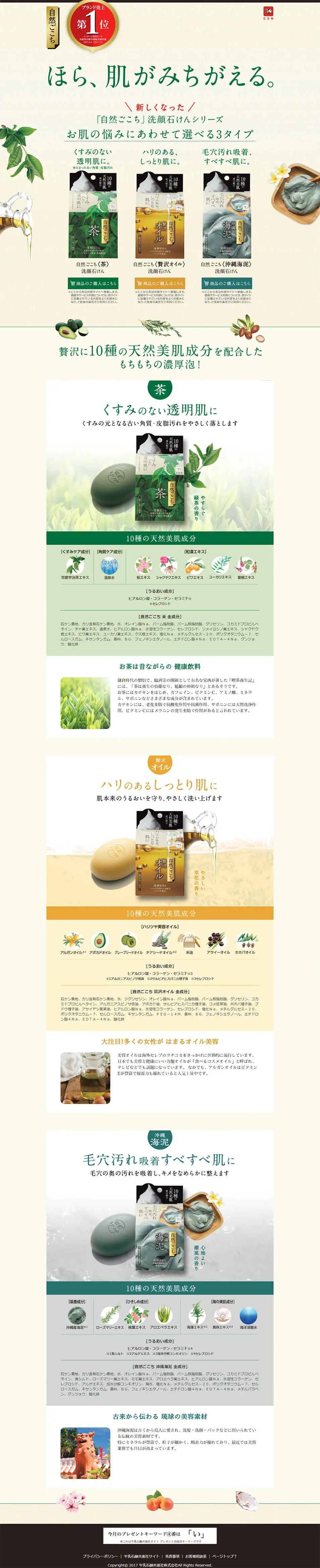 自然ごこち　洗顔石けんシリーズのLPデザイン（美容・スキンケア・香水／ベージュ系／和風系）PC版