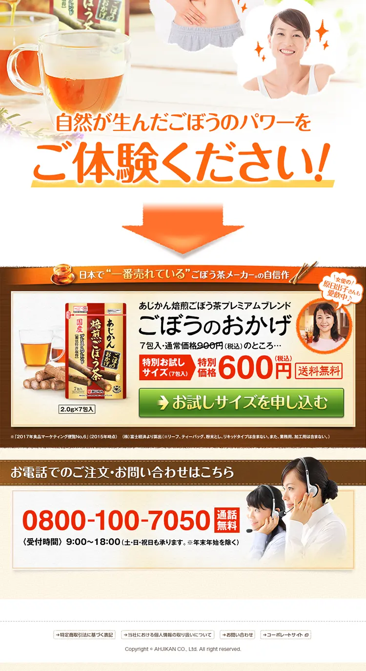 ごぼうのおかげのLPデザイン（健康・美容食品・サプリ／オレンジ系／にぎやか系）PC版