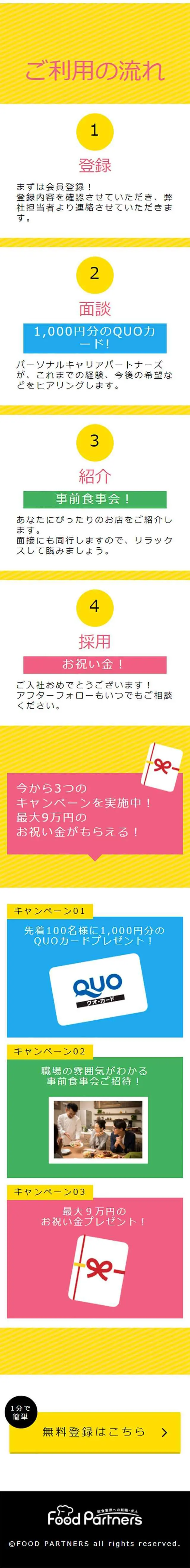 フードパートナーズのLPデザイン（求人・採用関連／イエロー系／キレイ系）スマホ版