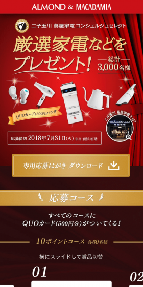 Meiji Almond & Macadamia: Win Carefully Selected Home Appliances by Tsutaya Electrics Concierge Campaign LP design (Events, Campaigns, Experiences / Red tones) Mobile version
