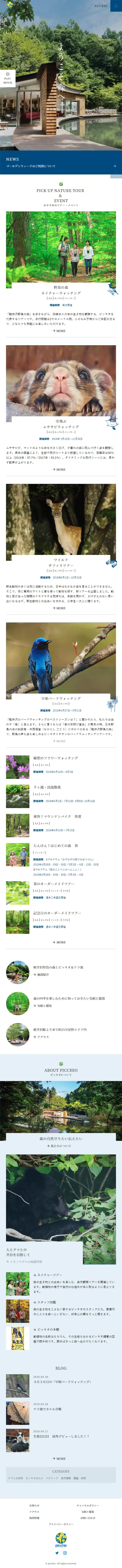 ピッキオ | 軽井沢 野生動物ウォッチングのLPデザイン（旅行・アウトドア／グリーン系／シンプル系）スマホ版