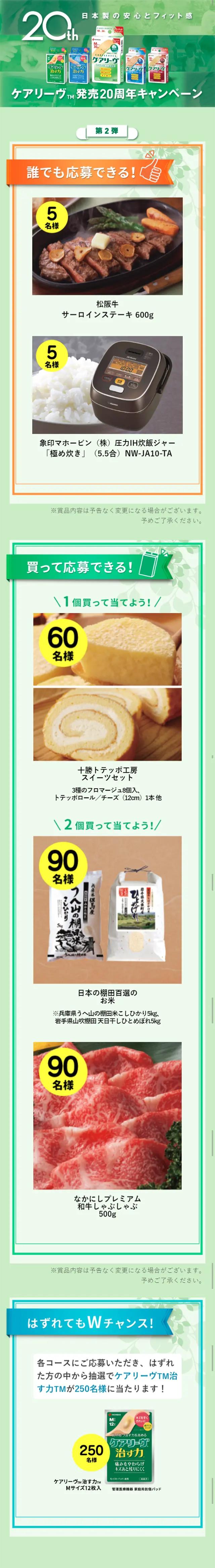 ケアリーヴ発売20周年キャンペーンのLPデザイン（サービス・保険・金融／グリーン系／キレイ系）スマホ版