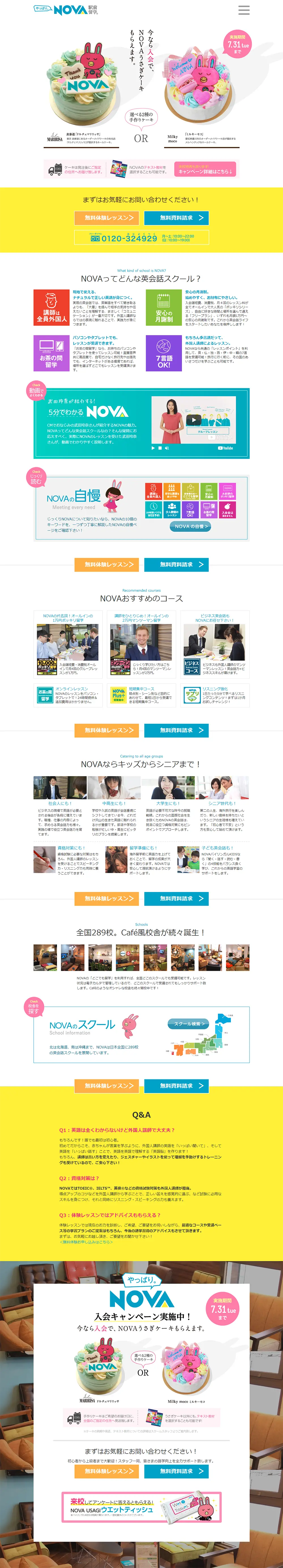 NOVAうさぎケーキもらえるキャンペーンのLPデザイン（サービス・保険・金融／カラフル系／かわいい系）PC版