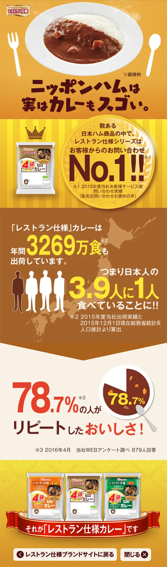 レストラン仕様カレーのLPデザイン（食品／イエロー系／にぎやか系）スマホ版