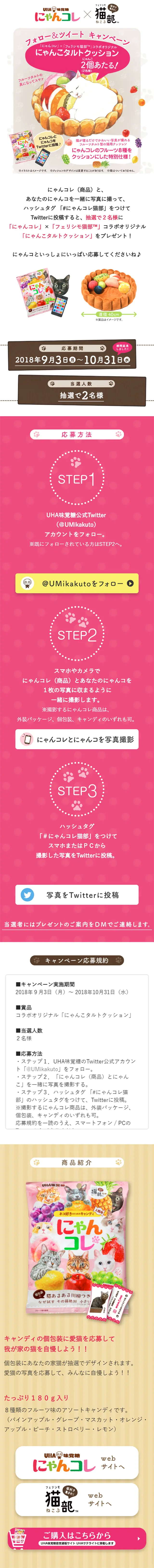 Take a picture of NyanColle and Nyanko together and participate in the Follow & Tweet Campaign LP design (Services, Insurance, and Finance / Pink shades / Cute style) Mobile version