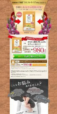 おなかの脂肪が気になる方のタブレット(粒タイプ)のLPデザイン（健康・美容食品・サプリ／ゴールド系／健康・癒し系）PC版