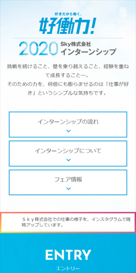 2020Sky株式会社インターンシップのLPデザイン（求人・採用関連／ブルー系／シンプル系）スマホ版