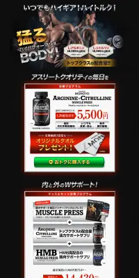 活力サポートサプリメント「アルギニン×シトルリン マッスルプレス」のLPデザイン（健康・美容食品・サプリ／ゴールド系／かっこいい系）PC版