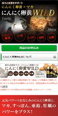 にんにく卵黄WILDのLPデザイン（健康・美容食品・サプリ／ブラック系／かっこいい系）スマホ版