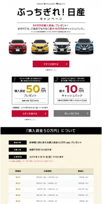 ぶっちぎれ！日産キャンペーンのLPデザイン（サービス・保険・金融／レッド系／キレイ系）PC版