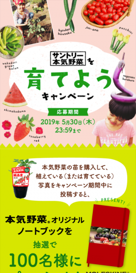 Suntory Honki Yasai Grow-Your-Own Campaign LP design (Services, Insurance, and Finance / Green tones / Health and Wellness) Mobile version