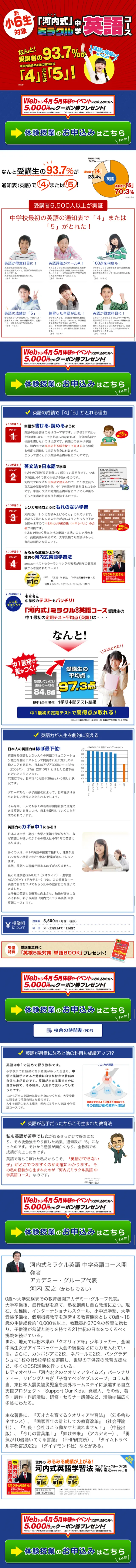 「河内式」ミラクル英語 中学英語コースのLPデザイン（学び・教材／ブルー系／にぎやか系）スマホ版