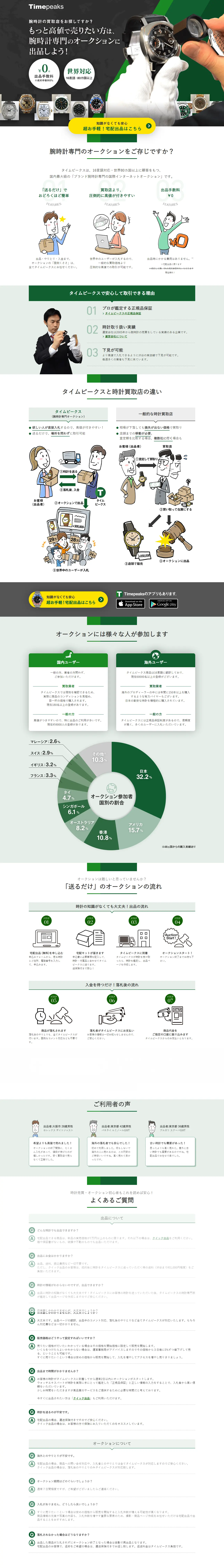 腕時計オークションのLPデザイン（インターネットサービス／グリーン系／信頼・安心系）PC版