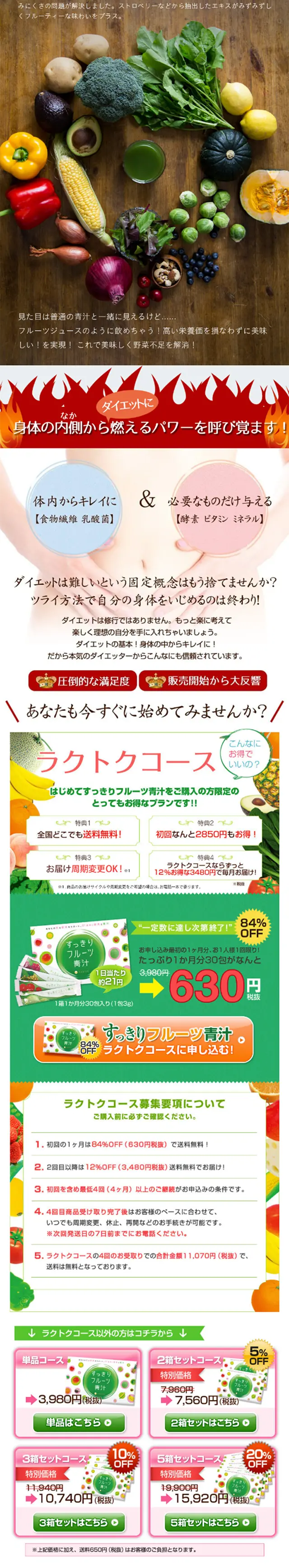 すっきりフルーツ青汁のLPデザイン（健康・美容食品・サプリ／グリーン系／にぎやか系）スマホ版