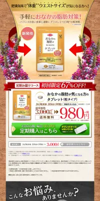 おなかの脂肪が気になる方のタブレット（粒タイプ）のLPデザイン（健康・美容食品・サプリ／ゴールド系／健康・癒し系）PC版