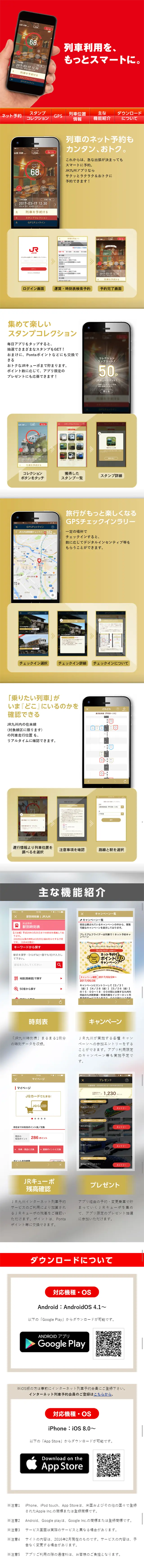JR九州アプリのLPデザイン（インターネットサービス／レッド系／シンプル系）スマホ版