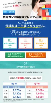 終身ガン治療保険プレミアムDXのLPデザイン（サービス・保険・金融／ブルー系／信頼・安心系）PC版