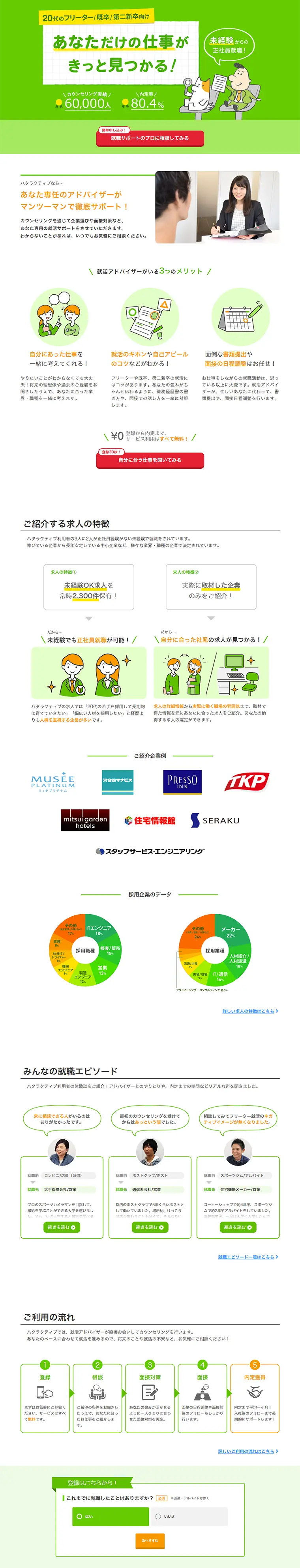 Employment support for young individuals such as freeters, new graduates, and second new graduates LP design (Recruitment and Hiring / Green tones / Trust and Safety) PC version
