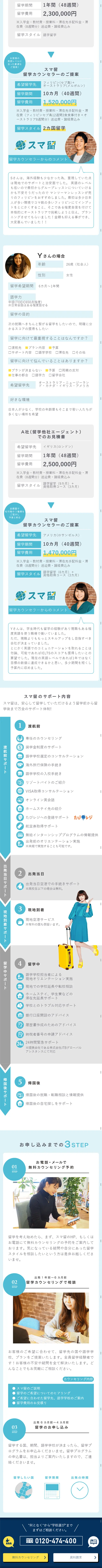 スマ留の長期留学のLPデザイン（学び・教材／ブルー系／信頼・安心系）スマホ版