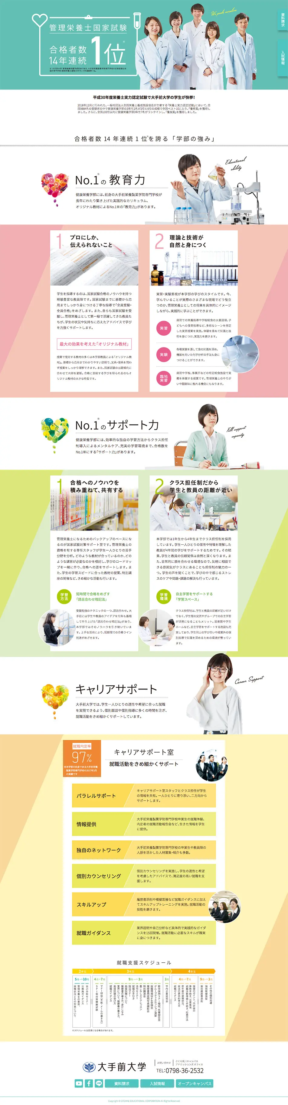大手前大学 健康栄養学部「学部の強み」のLPデザイン（学び・教材／グリーン系／シンプル系）PC版