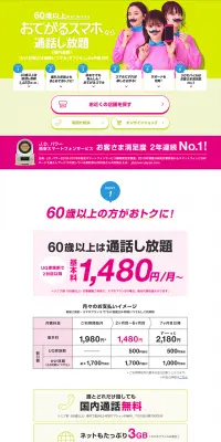 おてがるスマホなら通話し放題！のLPデザイン（サービス・保険・金融／グリーン系／信頼・安心系）PC版