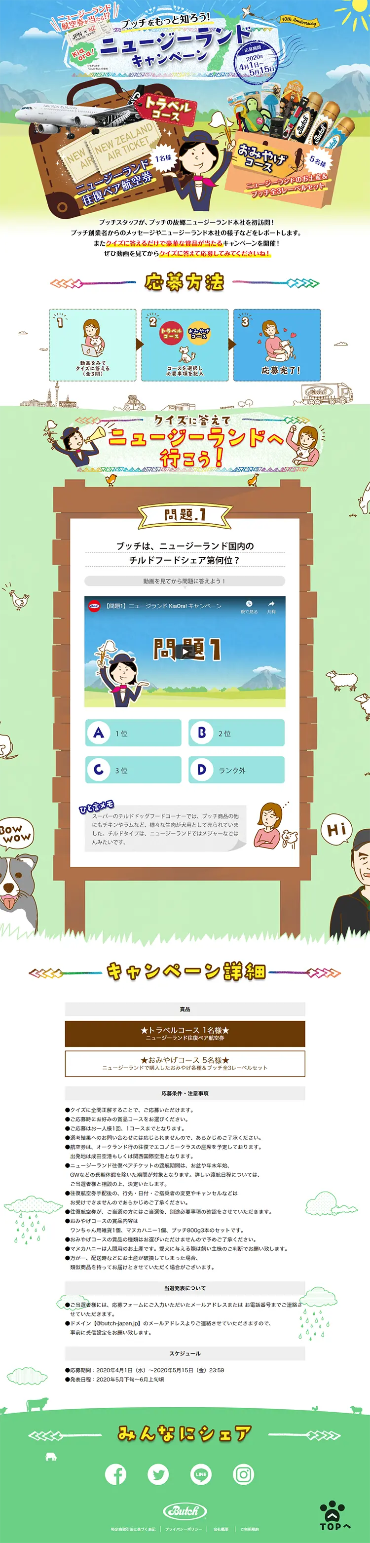 ブッチをもっと知ろう！ニュージーランドキャンペーンのLPデザイン（サービス・保険・金融／グリーン系／にぎやか系）PC版