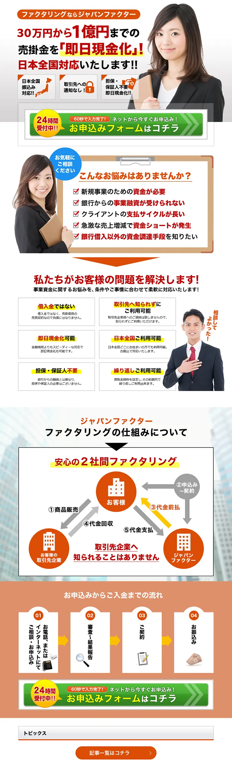 ファクタリングのLPデザイン（サービス・保険・金融／オレンジ系／信頼・安心系）PC版