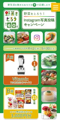野菜をとろう！Instagram写真投稿キャンペーンのLPデザイン（サービス・保険・金融／グリーン系／健康・癒し系）スマホ版