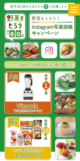 野菜をとろう！Instagram写真投稿キャンペーンのLPデザイン（サービス・保険・金融／グリーン系／健康・癒し系）スマホ版