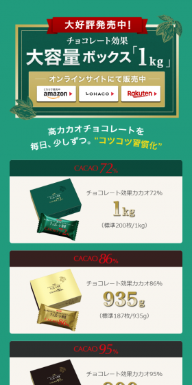 チョコレート効果 大容量ボックス「1kg」のLPデザイン（スイーツ・スナック菓子／グリーン系／信頼・安心系）スマホ版