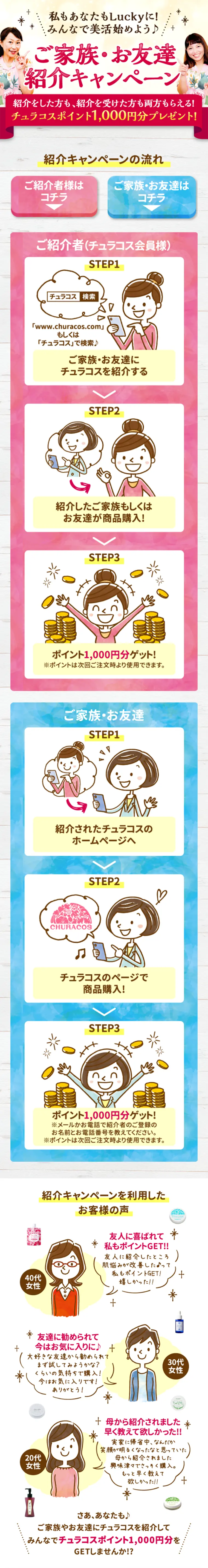 ご家族・お友達紹介キャンペーンのLPデザイン（サービス・保険・金融／ピンク系／かわいい系）スマホ版