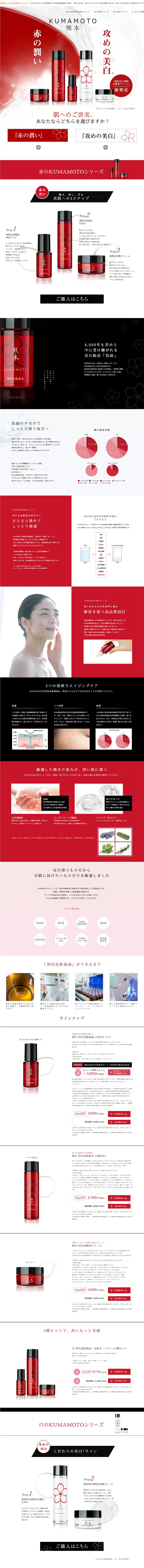 KUMAMOTO 潤馬化粧養油・化粧養水・クリーム3種セットのLPデザイン（美容・スキンケア・香水／レッド系）PC版
